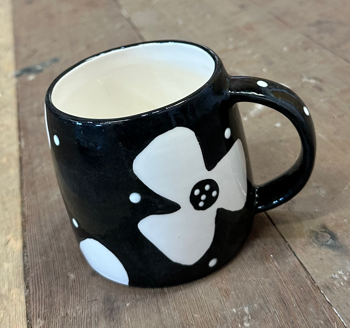 White Flowers Black Mug