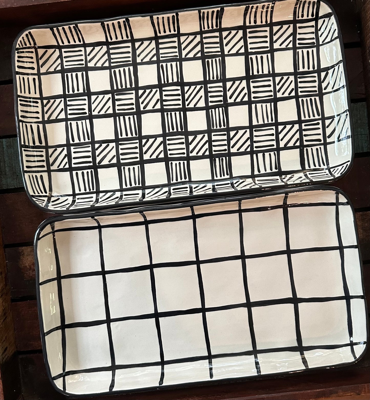 Large Cottage Black and White Grid Patterned Platter