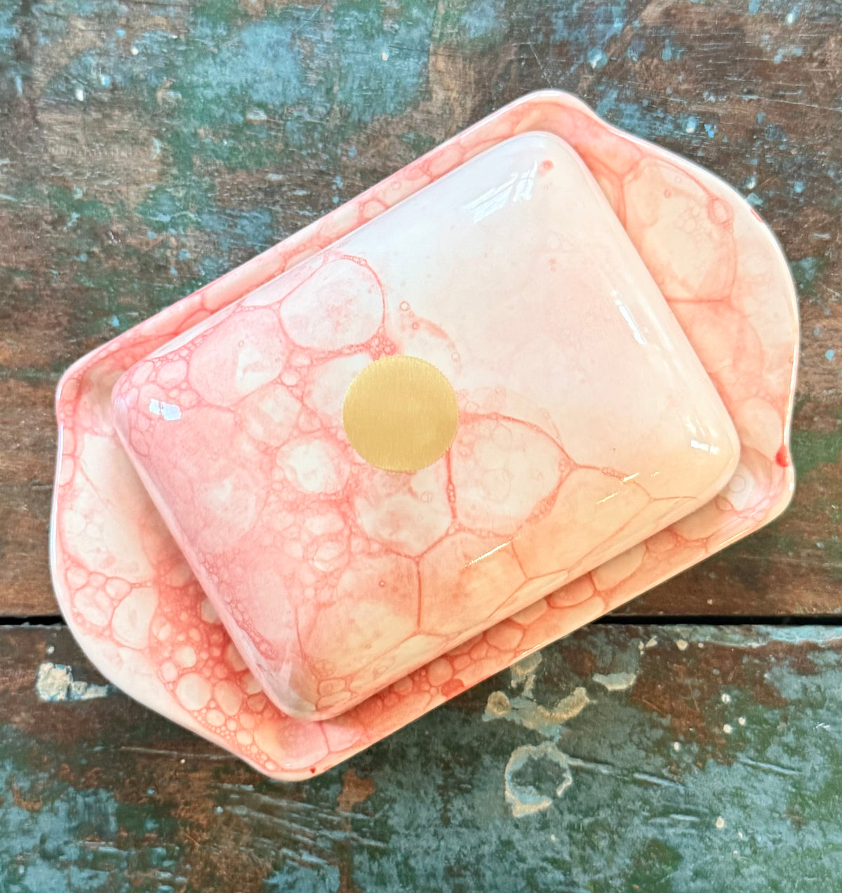 Bubble glaze, pink wide butter dish