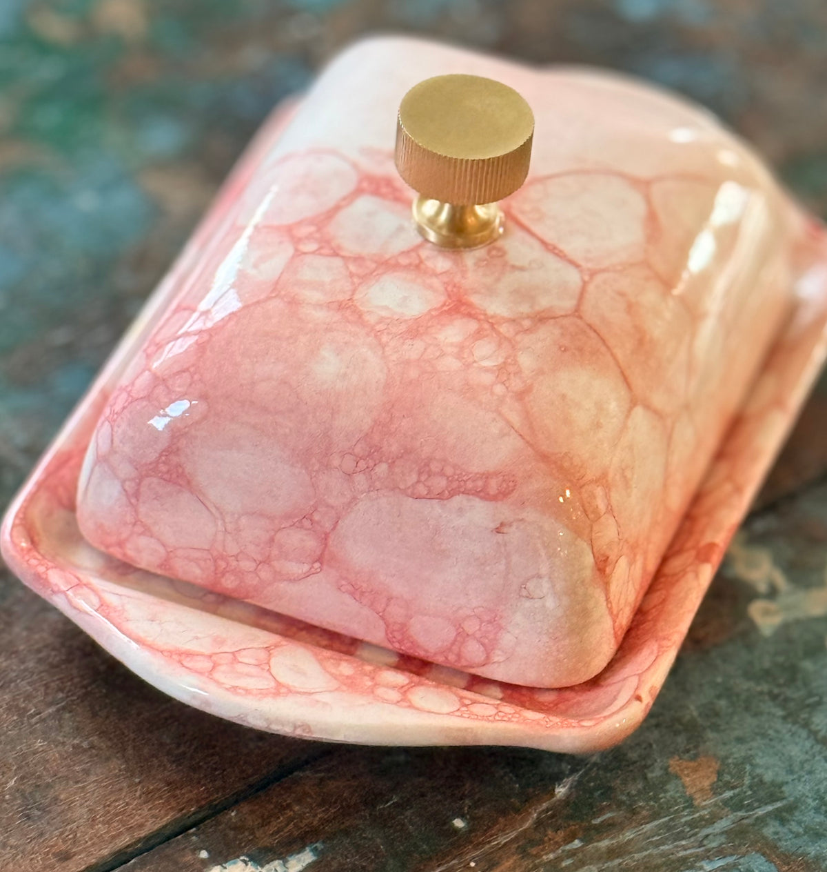 Bubble glaze, pink wide butter dish