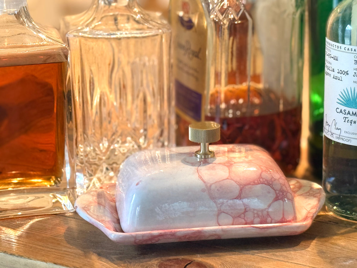 Bubble glaze, pink wide butter dish